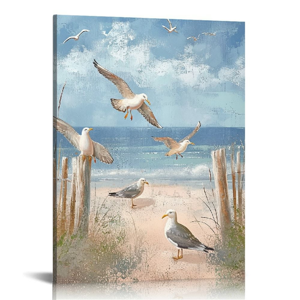 Seaside Seagull Coastal Canvas Wall Art with Wooden Frame