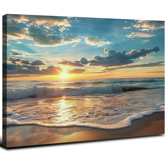 Nawypu Ocean Canvas Wall Art Beach Sunset Wall Pictures Sea Waves Coast Cloud Nature Picture Summer Painting Wall Decor Contemporary Framed Artwork Giclee Prints for Living Room Bedroom Home Office