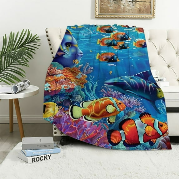 Nawypu Ocean Fish Dolphins Blanket Boys Girls Gifts Colorful Underwater Fish Swim Decor for Birthday Christmas Super Soft Cozy Plush Flannel Throw Blanket Bedroom Bed Decor