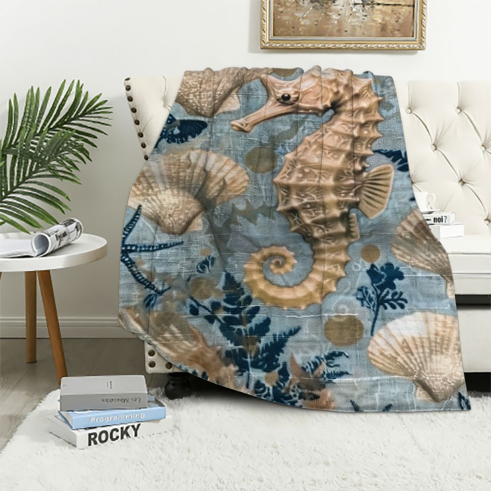 Coperta Decorativa Ocean Life Coastal - Pile Di Velluto Morbido, Tonalità Blu E Beige, 127x178 Cm, Per Divano E Letto