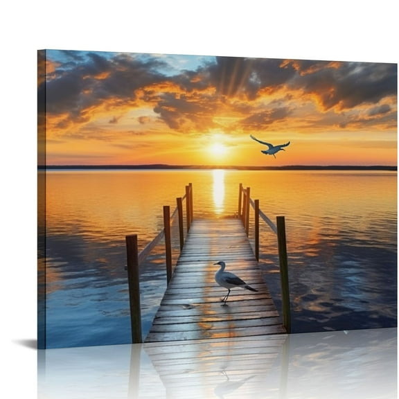 Nawypu  Ocean Seascape Wall Canvas Art: Sunset Sea Scenic Picture Print Dock Landscape Beach Birds Artwork Painting for Living Room Bedroom Decor