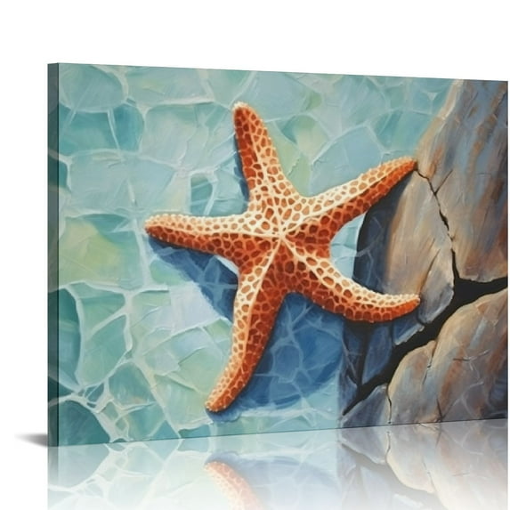 Nawypu Ocean Starfish Canvas Wall Art Dark Sea Green Beach Decorations for Home Bathroom Bedroom Living Room Kitchen, Nautical Coastal Artwork Wall Art Decor