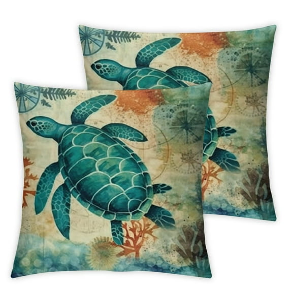 Nawypu Ocean Theme Pillow Covers Decorative Burlap Square Outdoor Sea Turtle Seahorse Whale Octopus Pattern Throw Cover Pillow Case for Beach Car Sofa Bed Couch 2pc