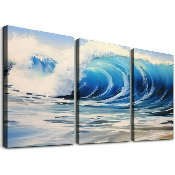 Nawypu Ocean Wall Art for Living Room, Abstract Blue Canvas Print Painting for Bedroom, Aesthetic Sea Wave Pictures Artwork Decor, Large Size 12''x16''X3 Panels