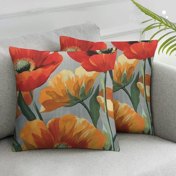 Nawypu Oil Painting Watercolor Beautiful Red Orange Big Poppy Flowers Summer Decorative Throw Pillow Cover Case Home Living Room Bed Sofa Car 2pcs 12x12in
