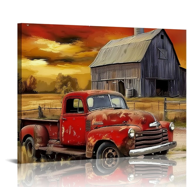 Nawypu Old Truck Canvas Wall Art Rustic Red Car and Barn Pictures Print ...