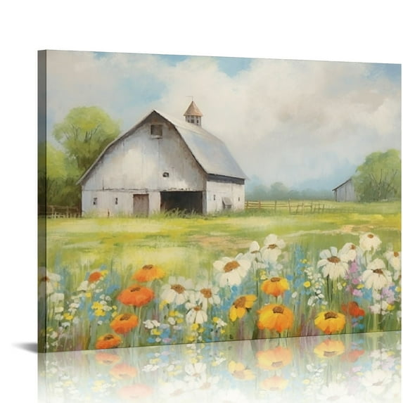 Nawypu Old barn Pictures Wall Art, Rustic Farmhouse Wall Decor for Living Room, White barn Canvas Art Colorful Flowers Country Landscape Painting Poster for Home Decoration