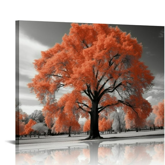 Nawypu - Orange, Big Colorful Tree in a Black and White Landscape Scene Canvas Wall Art Home Decor, Gallery Wrapped, Stretched, Framed Ready to Hang