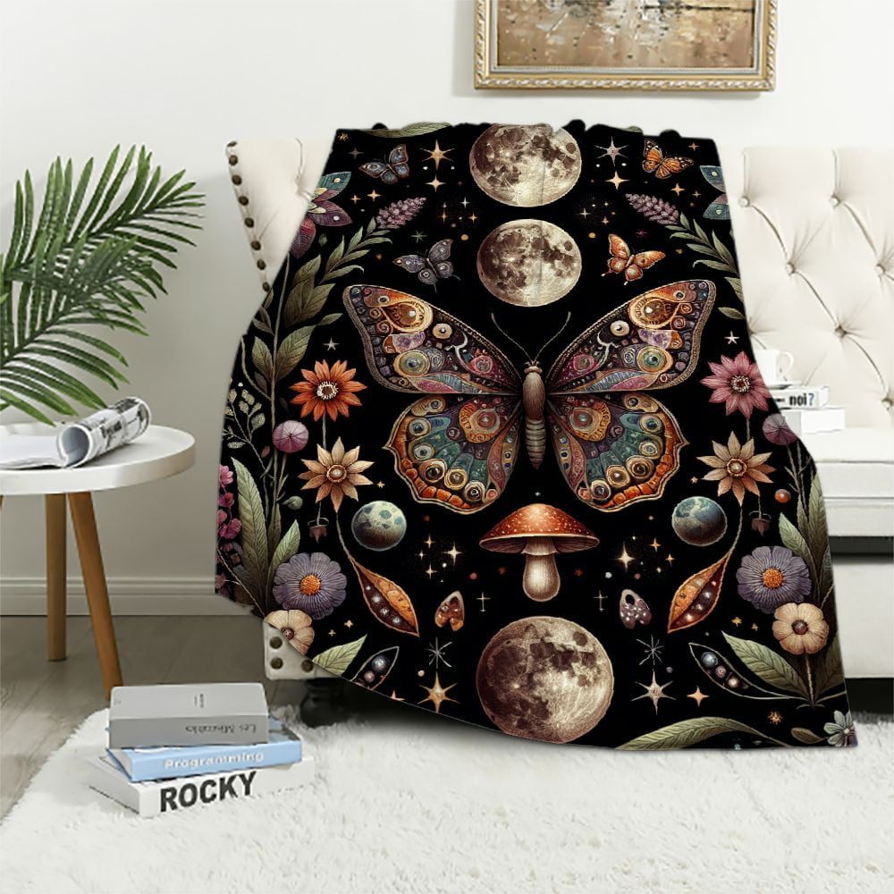 Nawypu Orange Butterfly Moon Flower Throw Blanket, Botanical Floral