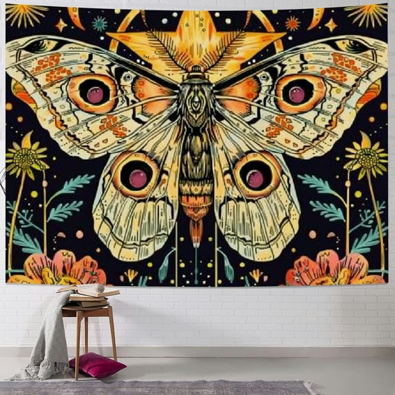 Nawypu Orange Moth Tapestry Boho Retro Floral Flowers Tapestries Aesthetic Vintage Mushroom Tapestry Bedroom Indie Verti1cal Ta1pestry Wall Hanging for Living Room Dorm（Orange)