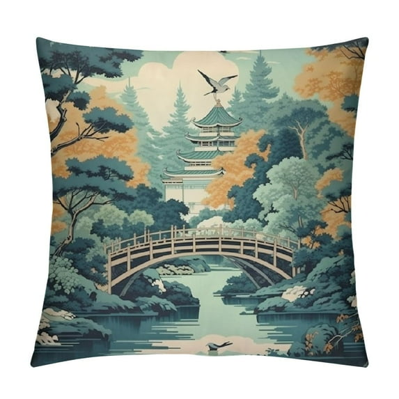Nawypu Oriental Ancient Pagoda China Garden Farmhouse Sofa Pillow Cover Aqua Teal Blue Asian Scenic Pagoda White Cushion Covers Japanese Asian Style Pillow Sham