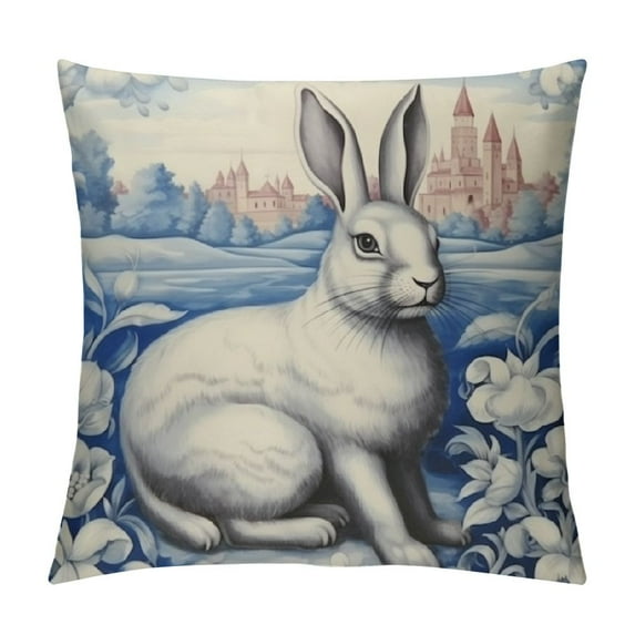 Nawypu Outdoor Pillow Covers Rustic Blue Dutch Rabbit Pillow Case Floral Chinoiserie Rabbit Pattern Throw Pillow Case Rectangle Two Sides Printed for Livingroom Sofa Decoration