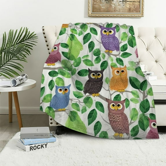 Nawypu Owls Throw Blanket, Owl Pattern with Leaves Sleepy Confused Closed Crossed Eyes Funny Humor Comic, Flannel Accent Piece Soft Couch Cover for Adults,Green Pink