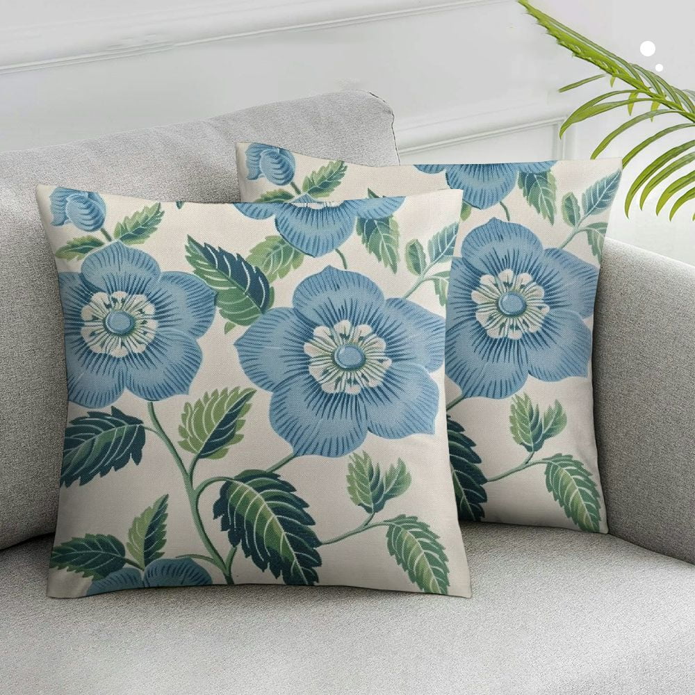 Nawypu Pack of 2, Mughal Flower Pillow Cover Chinoiserie Blue Floral