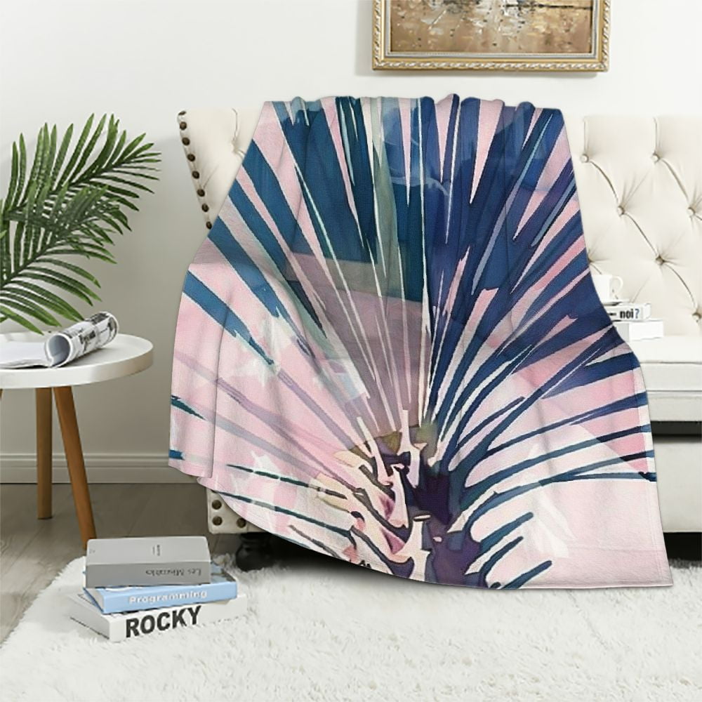 Nawypu Palm Leaf in Navy Blue And Blush Pink Throw Blanket Soft Cozy