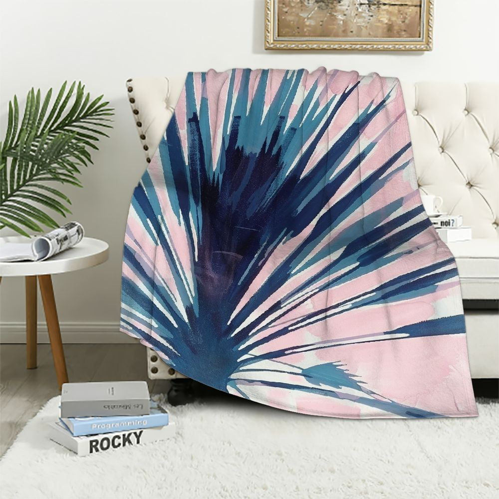 Nawypu Palm Leaf in Navy Blue And Blush Pink Throw Blanket Soft Cozy
