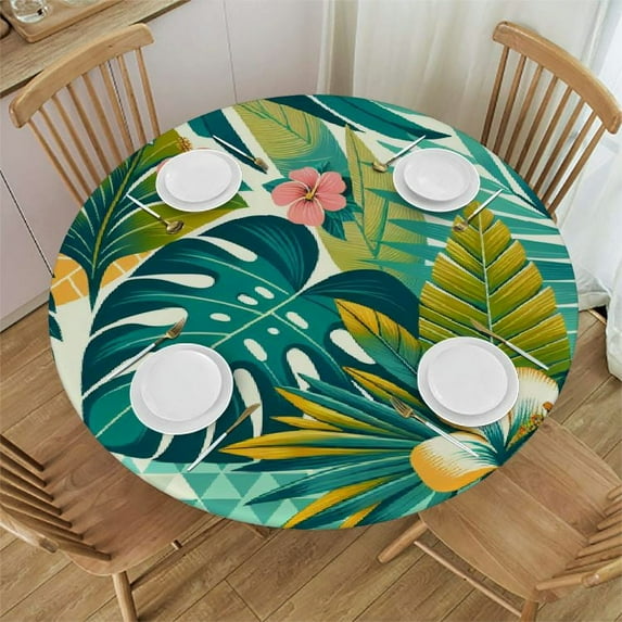 Nawypu Palm Leaves Floral Exotic Tropical Round Tablecloth, Fitted Round Table Cloth with Elastic Edge Wipeable Table Protector for Indoor Outdoor Party Picnic