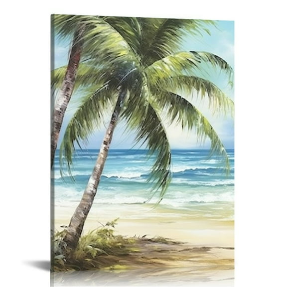 Nawypu Palm Trees Canvas Wall Art: Coastal Beach Picture Artwork Tropical Ocean Scene Painting Abstract Seascape Print for Modern Living Room Bedroom Bathroom 16x20 inch