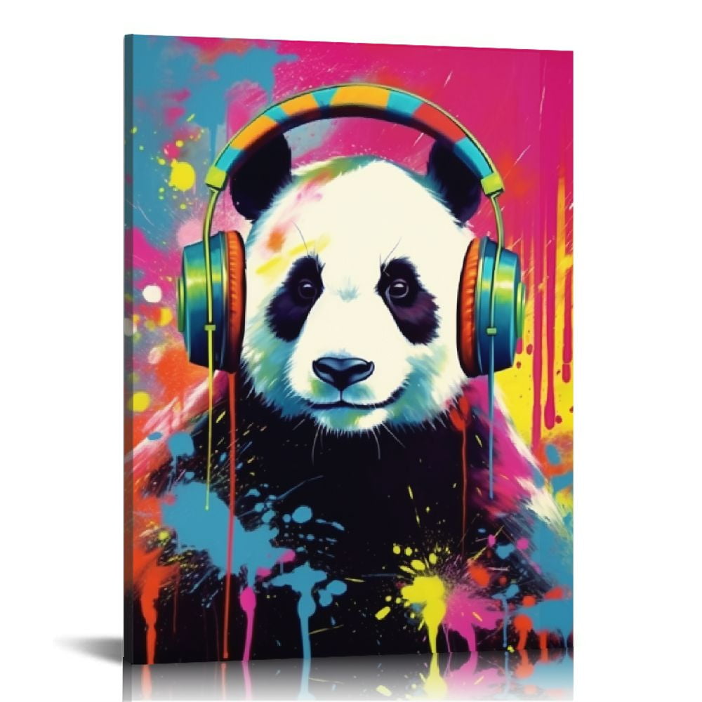 Nawypu Panda Graffiti Canvas Print Wall Art DJ Animal Wear Headset ...