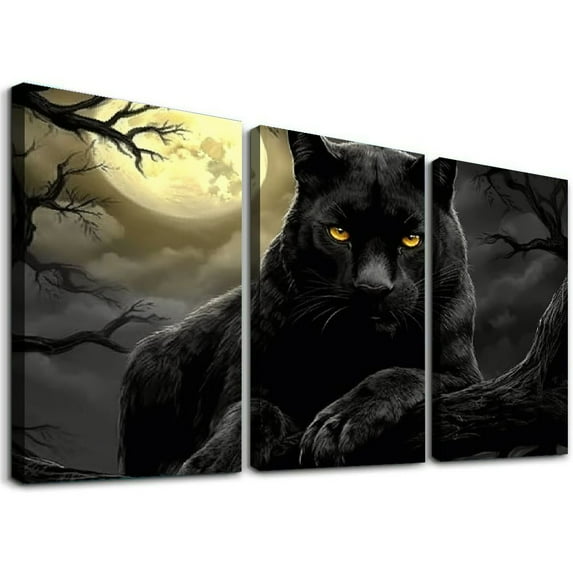 Nawypu Panther Canvas Wall Art Black and White Animal and Full Moon Painting Picture Print Modern Wildlife Leopard Artwork for Living Room Bedroom Office Decor Ready to 12''x16''X3 Panels