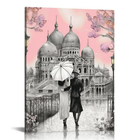 Paris Decor Canvas Wall Art for Living Room Girls Bedroom Pink Paris Theme Canvas Prints Europe Buildings Picture Wall Decoration for Bathroom