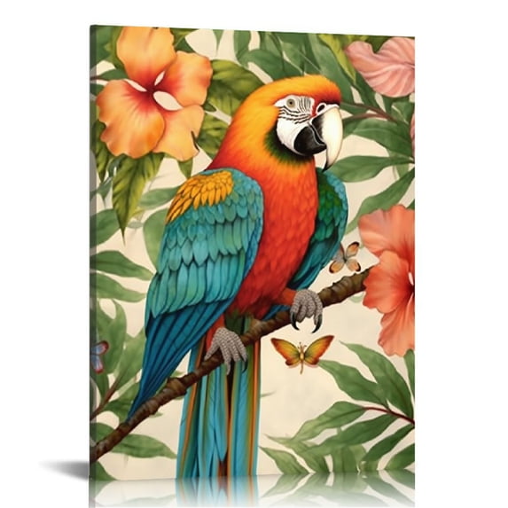 Nawypu Parrot Canvas Art Parrots with Tropical Leaves Hibiscus Flowers Wall Painting Colorful Birds Artwork for Home Pet Store Decor