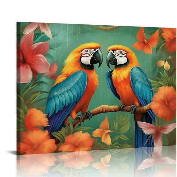 Nawypu Parrot Paintings Canvas Wall Art Hawaii Parrot Bird Picture Artwork Tropical Leaves Animal Print Poster for Home Living Room Bedroom Wall Decor Framed Ready to Hang