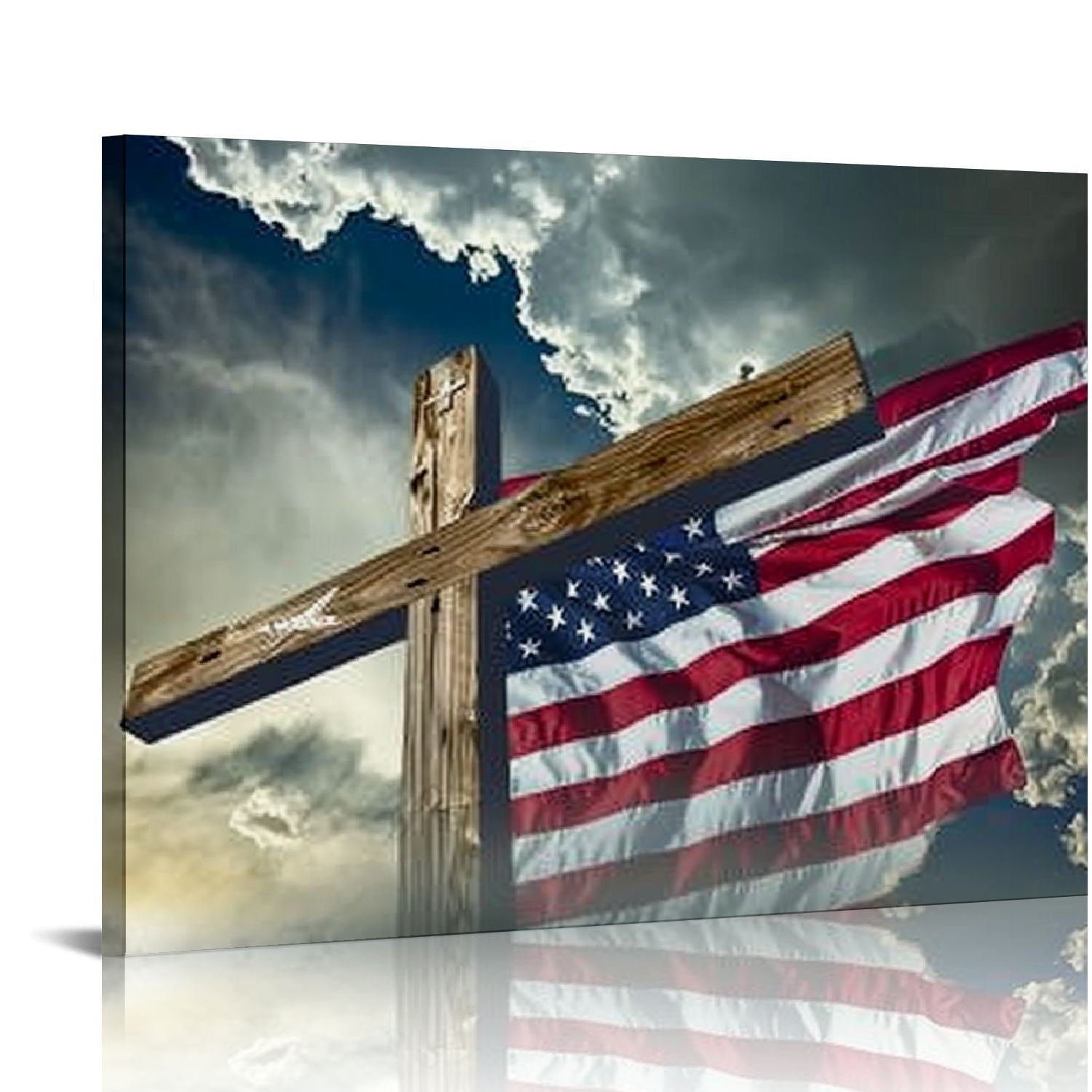 Nawypu Patriotic Canvas Wall Art American Flag and Holy Wooden Cross ...