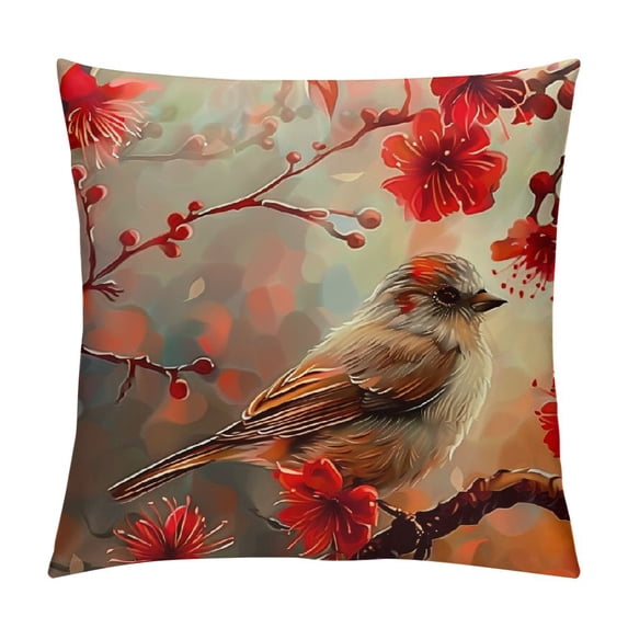 Awypu Peach Blossom Throw Pillow Covers Cherry Floral Birds Animals Watercolor Spring preetty Scenery red Couch Decor Bedroom Sofa Patio Square Pillow Cover