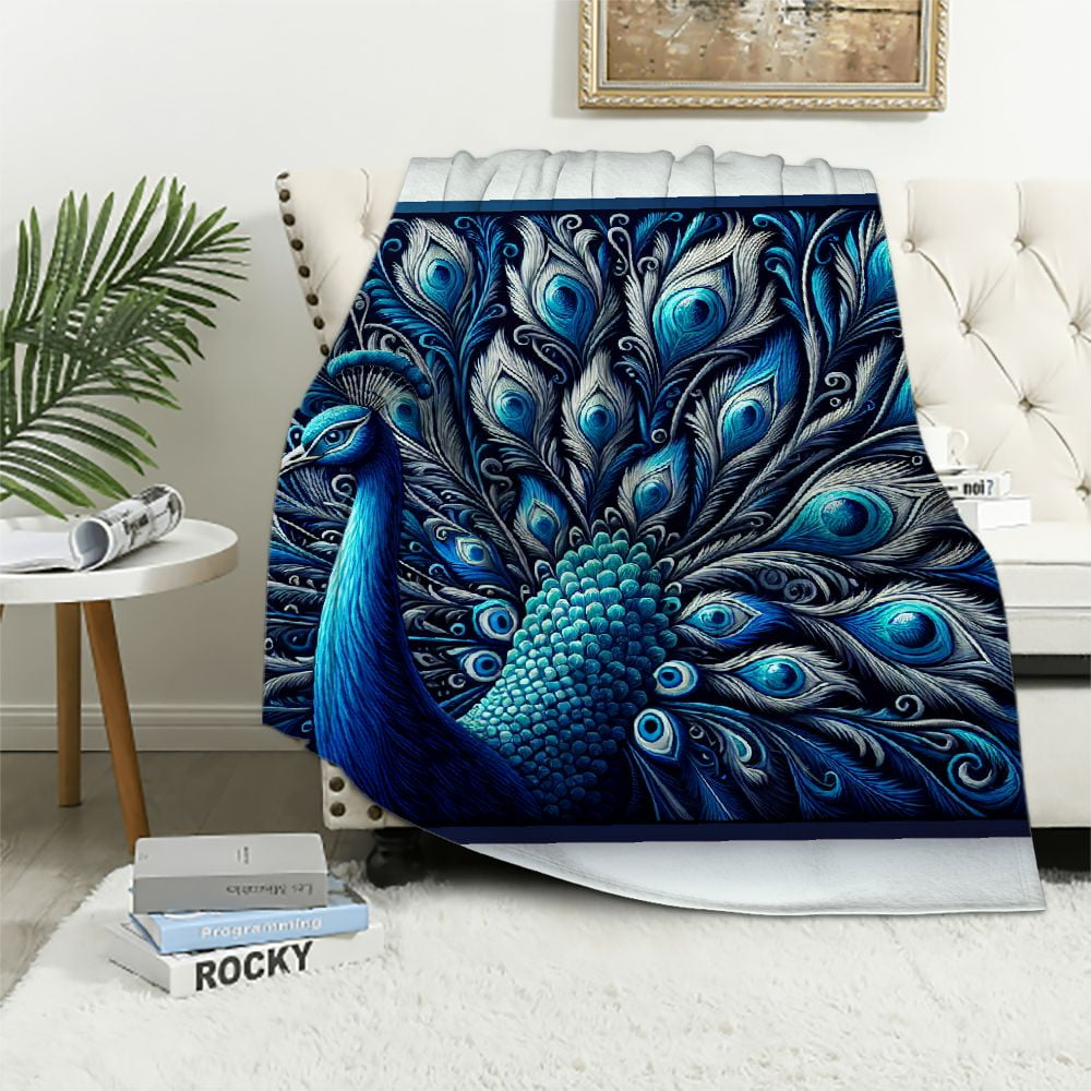 Nawypu Peacock Blanket,Elegant Blue Feather Throw Blanket for