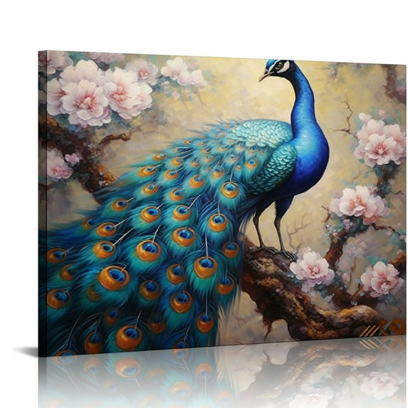 Nawypu  Peacock Canvas Wall Art Vintage Blue Peacock Standing on Flower Branch Picture Prints for Living Room Home Bedroom Decor Framed