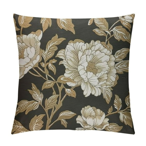 Nawypu Peonies and Roses Throw Pillow Cover Gold and White Flower Leaves Foliage Berries Oriental Style Luxury Bloom Pillow Case Decorative Men Women Boy Girl Room Cover for Couch