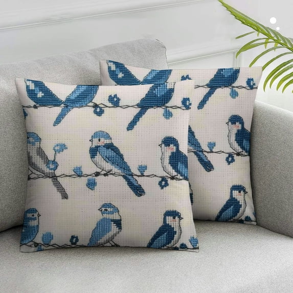Nawypu Pillow Covers Rowley Birds Floral Pattern Throw Pillow Covers Buffalo Plaid Blue White Square Pillowcases Cushion Cover for Sofa Couch Bed White