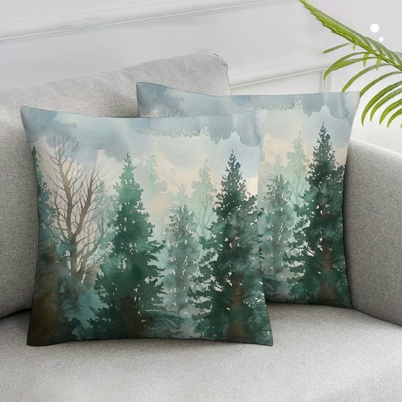 Nawypu Pine Tree Throw Pillow Covers Watercolor Blue Green Square Rustic Style Natural Forest Fog Print Decorative Pillowcase Spring Summer Cushion Cover for Home Sofa Bed Outdoor,Set of 2