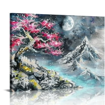 Nawypu Pink Black & White Oil Painting Japanese Cherry Blossom Landscape Canvas Wall Art Picture Print