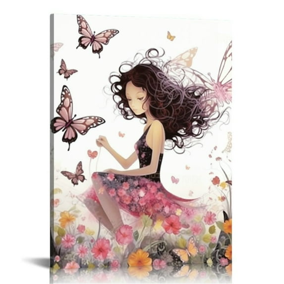 Nawypu Pink Canvas Wall Art Fairy Girl Flying Butterflies Canvas Prints Stretched and Framed Ready to Hang Giclee Artworks for Valentine's Day Wedding Gifts Each