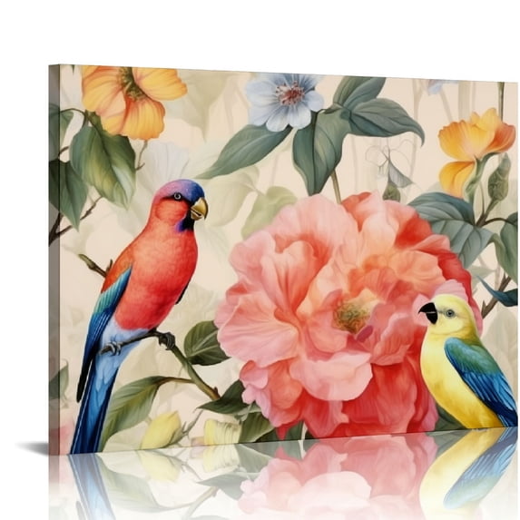 Nawypu Pink Flower Picture Bathroom Decor Wall Art Parrot Bird with Butterfly for Girls Room Bedroom Walls Canvas