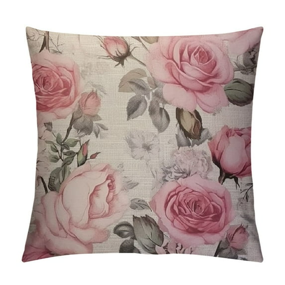 WERPE  Pink Flowers Throw Pillow Cover,Watercolor Leaves Floral Rose in Pastel Color Decorative Pillow Cases Square Cushion Covers for Home Sofa Couch