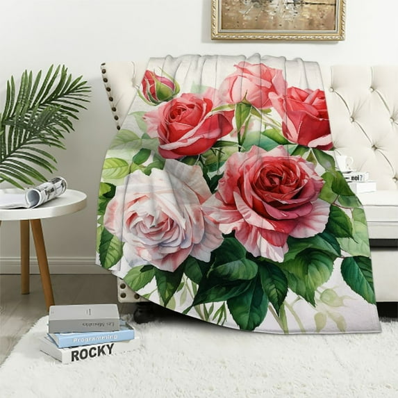 Nawypu Pink Rose Flower Throw Blanket - Retro Floral Printed Cream Blanket Ultra Soft Warm Flannel Throw Blankets for Bed Sofa Couch Office Home Lightweight Bed Blanket