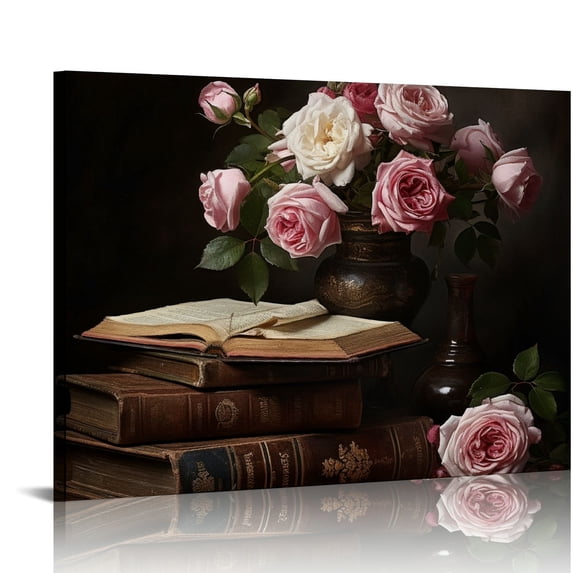 Nawypu Pink Rose Flowers Picture Decor Wall Art Girls Bedroom Floral Black and White Canvas Print Ornament