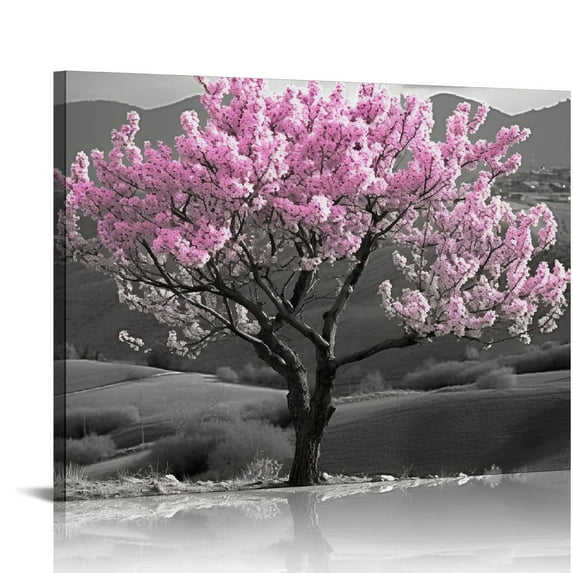 Nawypu Pink Tree Canvas Wall Art Cherry Blossom Tree Wall Art Black White Pink Room Decor Heart Blossom Canvas Wall Art Picture Print Cherry Blossom Wall Art Modern Art Living Room Wall Decor