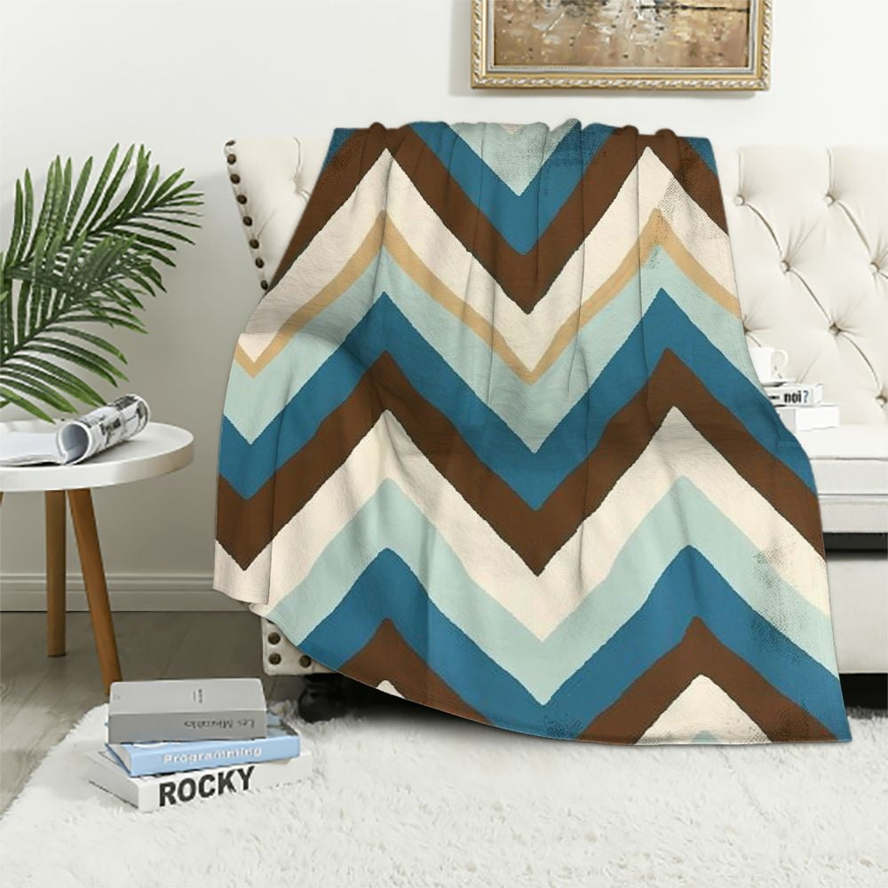 Nawypu Plush Soft Blanket Zigzag Pattern Cream Teals Gold Brown Fuzzy ...