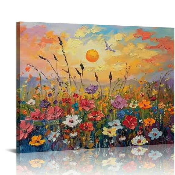 Nawypu Poppy Flower Sunset Large Wall Art Floral Landscape Decor Wall Art Flower Canvas Painting Framed Artwork for Living Room Bedroom Office
