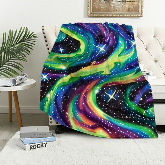 Nawypu Printed Antipill Winter Blanket Fabric Milkyway Sky Galaxy Outer Space Stars Night Aurora Borealis Stargazers Nature Northern Lights Landscapes Purple Green Blue Navy Swirls Sold