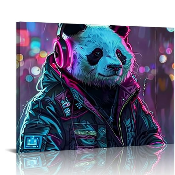 Nawypu Punk Panda Canvas Wall Art Funny Artwork Anime Painting DJ Panda Pictures on Canvas Wall Art for Office Decorations Living Room Bedroom and Kitchen Decor 3 Pcs Framed Canvas Prints
