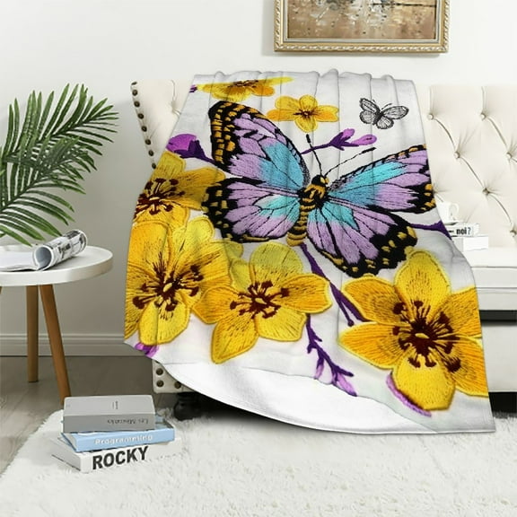 Nawypu  Purple White Comforter Queen Butterfly Floral Bedding Comforter Blue Purple Butterflies Yellow Flowers Aesthetic Bedding Girls Butterfly Blanket Comforter for Queen Bed