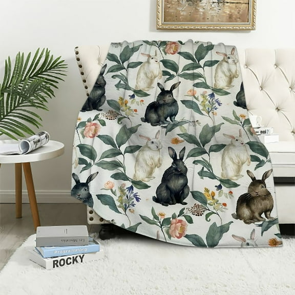 Nawypu Rabbits Bunny Blanket Gift , Floral Rabbits Throw Blanket Gifts for Kawaii Decor Cute Animal Plush Soft Lightweight Flannel Forest Botanical Blankets for Sofa Bed