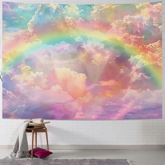 Nawypu Rainbow Cloud Tapestry Wall Hanging, Rainbow and Pink Cloud with Sunshine in Pastel Sky Tapestry, Aesthetic Nature Landscape Tapestry for Living Room Bedroom Aesthetic Decor