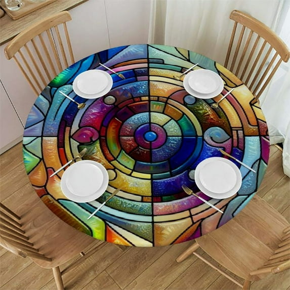 Nawypu Rainbow Triangle Geometric Pattern Round Fitted Tablecloth Elastic Edge Waterproof Oil-Proof Table Cover Stain-Resistant Table Cloth Fits Round Tables