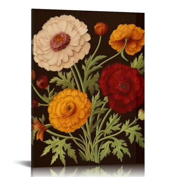 Nawypu Ranunculus Flowers Canvas Wall Art Print,Vintage Floral Botanical Decor for Home Office School, Antique Botany Poster, Garden Nature Plant Flowers Painting ,16x20 inch